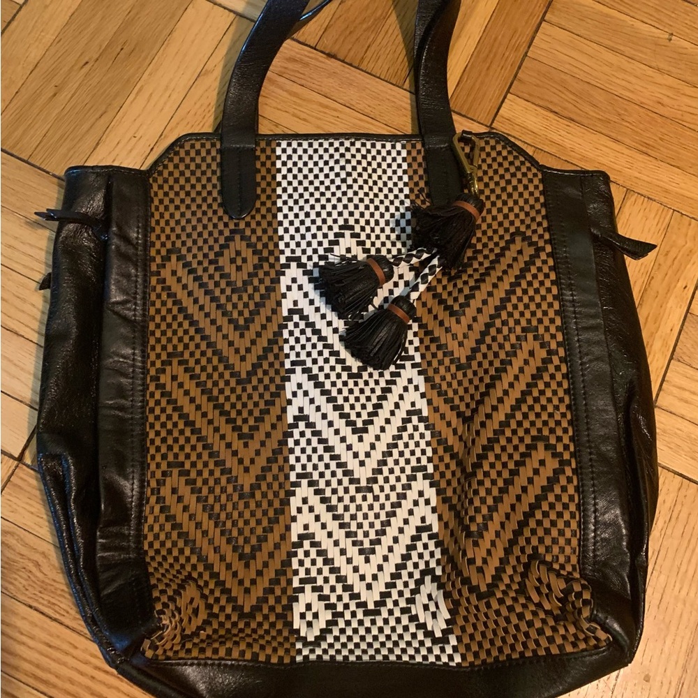 Elliott Lucca Brown and Black Woven Tassel Tote
